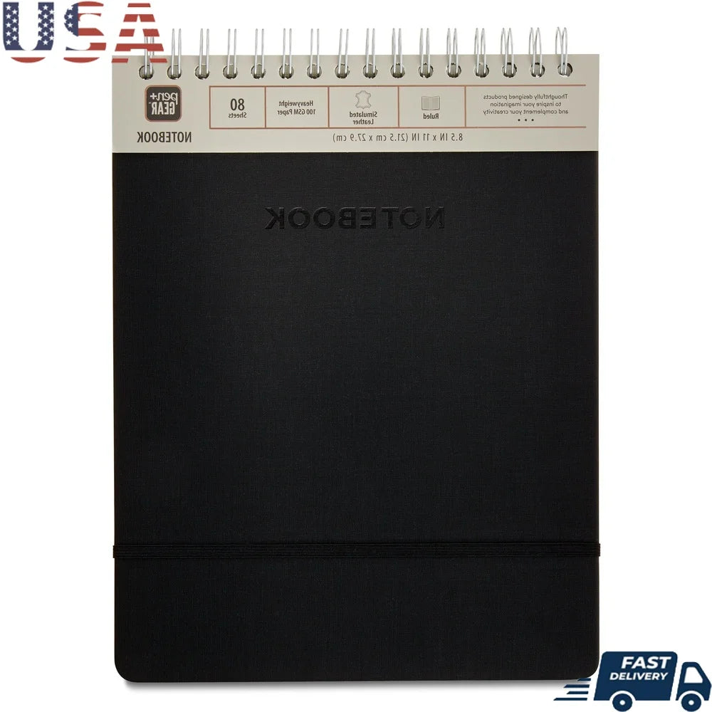 Compact Top Spiral Leather Notebook 8.5x11 80 Ruled Sheets 160 Pages Durable Heavyweight Paper Ideal Office School Use