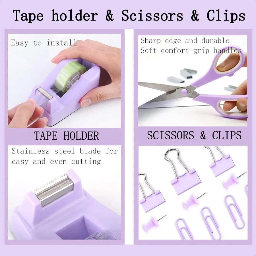 Purple Desk Accessories Purple Office Supplies 360°Pen Holder Desk Organizers And Accessories with Tape Dispenser Stapler Stapl