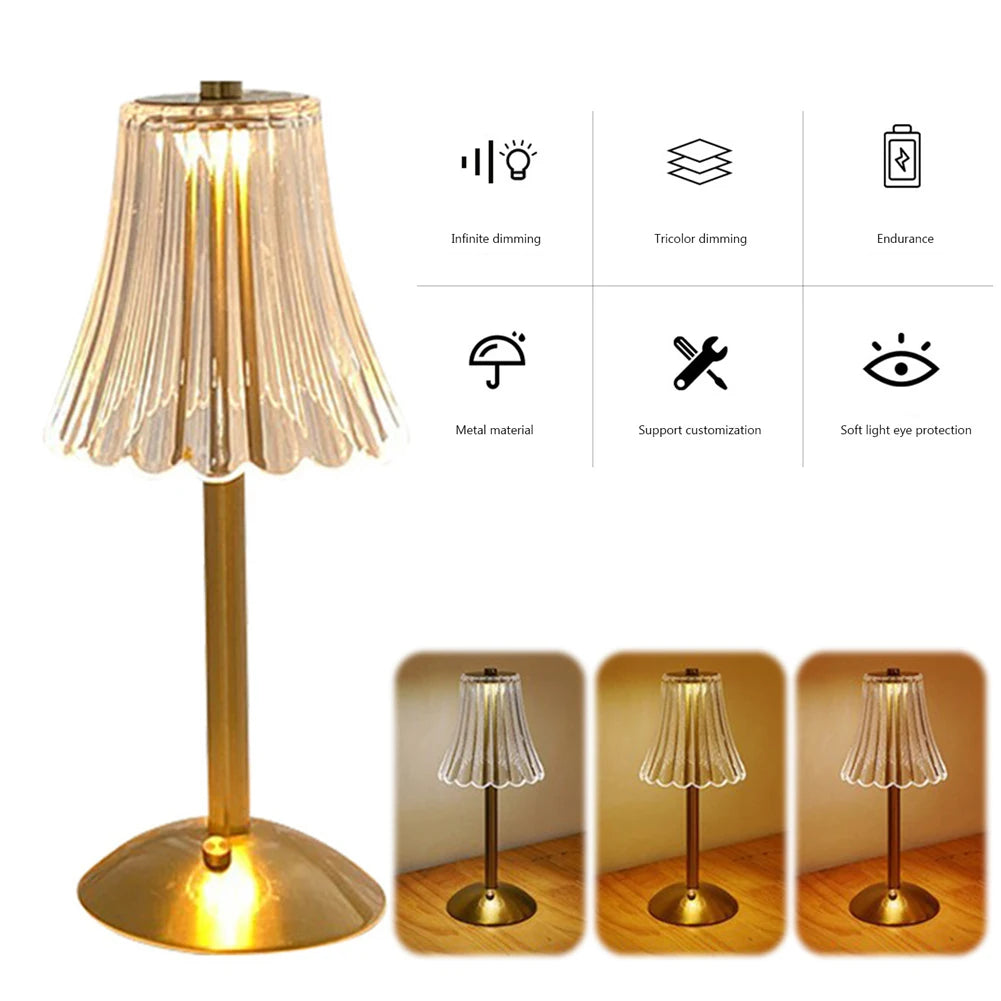 Crystal Table Lamp Rechargeable 3 Colors Portable Gold Metal Beside Lamp 2000mAh Battery Operated Dimmable Touch Light