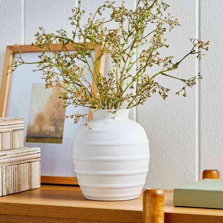 Textured Ribbed Ceramic Vase 8 Inch Wide Opening Rustic Decor Indoor Floral Arrangement Home Tabletop Centerpiece
