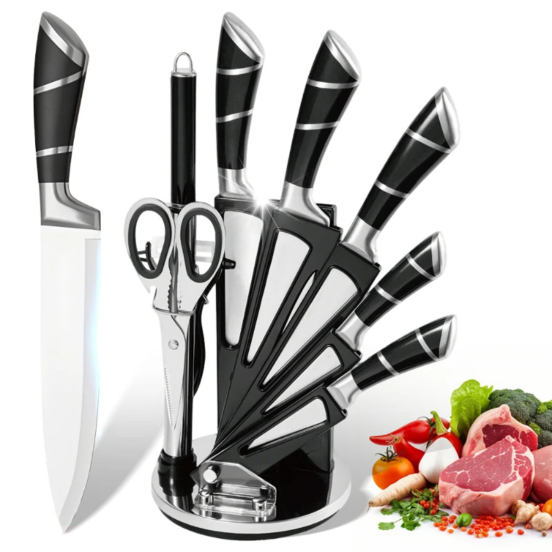 Kitchen Knife Set 9pcs Stainless Steel Sharp Non-Stick Coated Chef Knives with Sharpener for Cutting Slicing Dicing Chopping