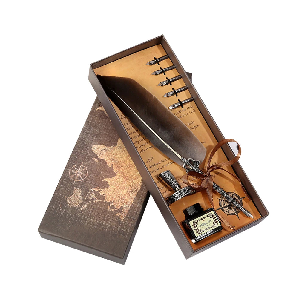 Retro Calligraphy Feather Dip Pen Writing Ink Bottle Stationery Birthday Gifts