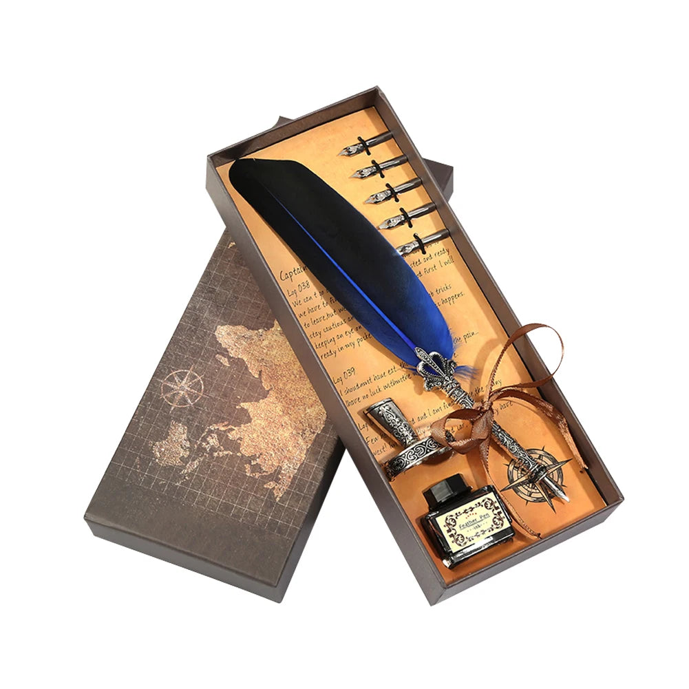 Retro Calligraphy Feather Dip Pen Writing Ink Bottle Stationery Birthday Gifts