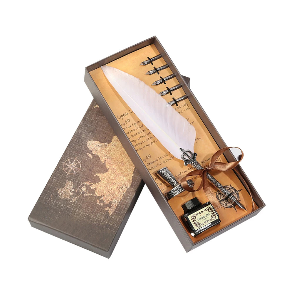 Retro Calligraphy Feather Dip Pen Writing Ink Bottle Stationery Birthday Gifts