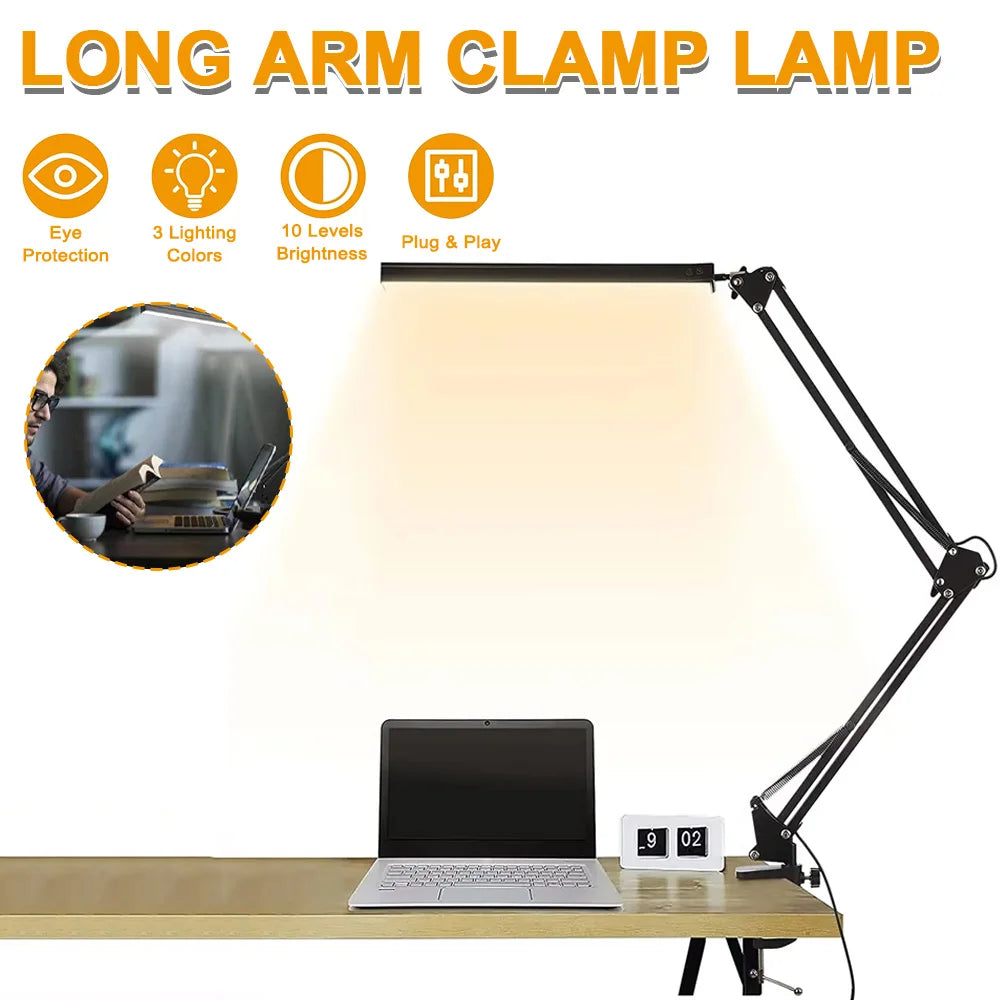 LED Desk Lamp Eye-Caring Adjustable Swing Arm Table Light with Clamp reading lights night light for Study Reading Work Task/Offi