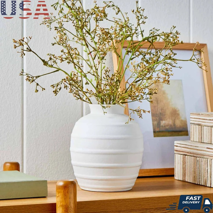 Textured Ribbed Ceramic Vase 8 Inch Wide Opening Rustic Decor Indoor Floral Arrangement Home Tabletop Centerpiece