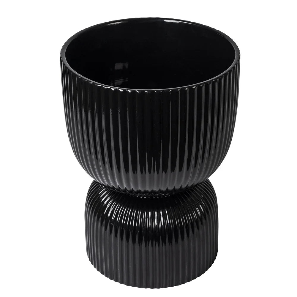 Black Ceramic Fulted Planter 10 Inch Round Flower Pot with Drainage Small Houseplants Indoor Outdoor Gardening