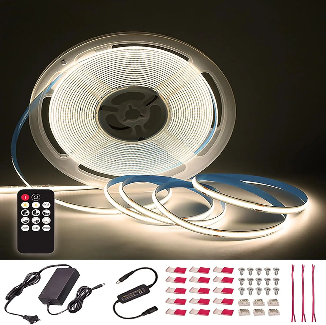 ETL Listed 50ft/15m COB LED Strip Lights 3000K/4000K/6500K White with RF Remote for Bedroom Cabinet Wall(Power supply included)