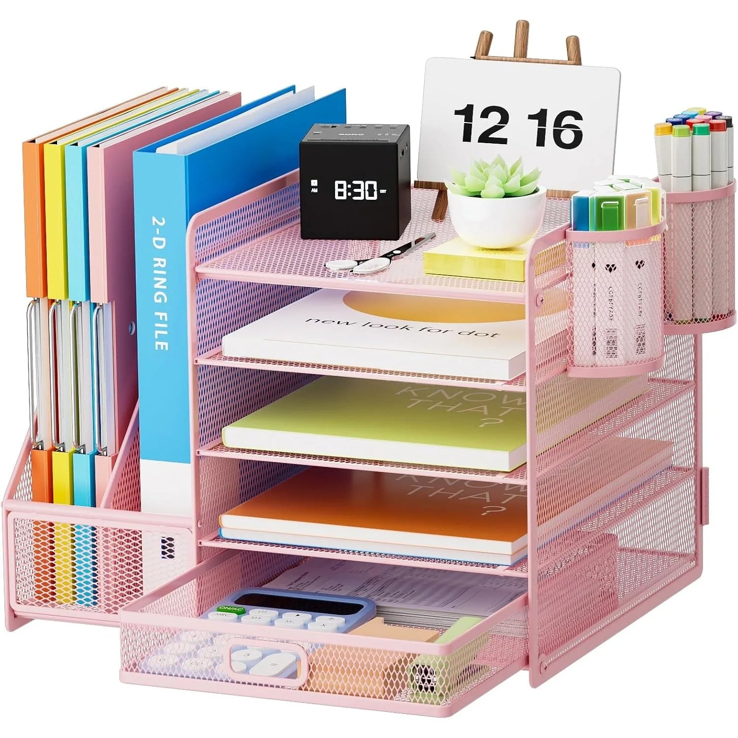 5-layer paper letter tray storage with drawers and 2 pen holders, desktop storage with office supplies magazine rack (pink)