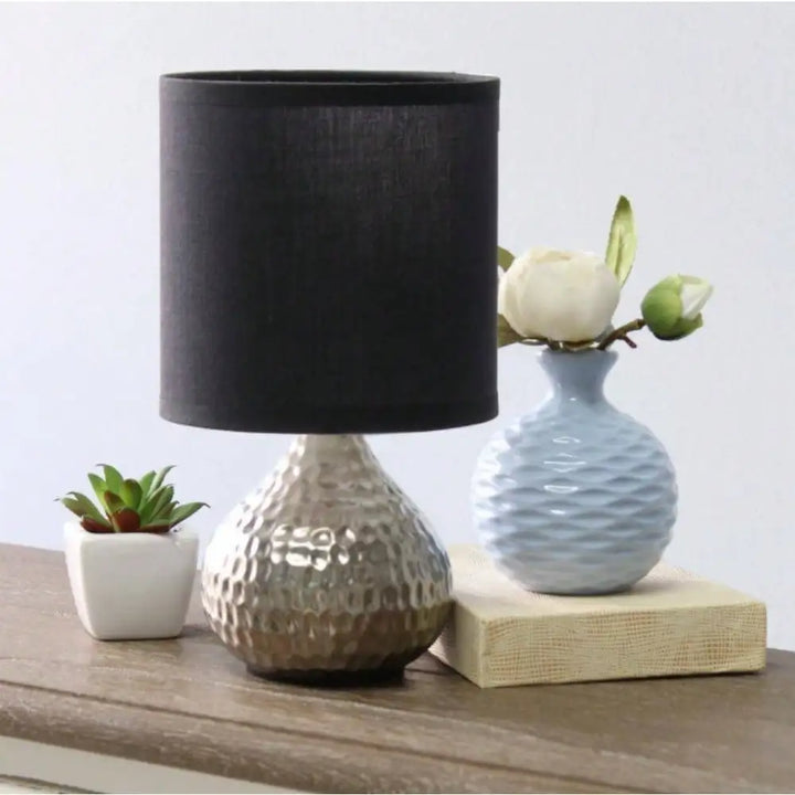 9.25 in. Silver and Black Hammered Drip Mini Table Lamp for Bedroom, Bedside for Nightstands, Table Lamp for Living Room