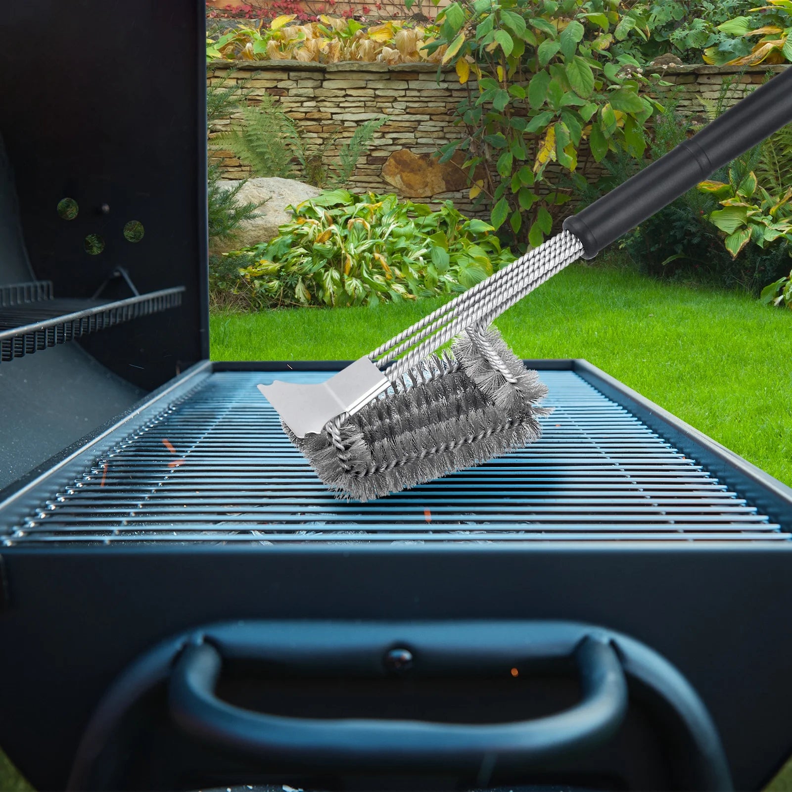 Stainless Steel Grill Brush with Scraper, 19 in Grill Brush for Outdoor Grill, BBQ Brush for Grill Cleaning, Kitchen Accessories