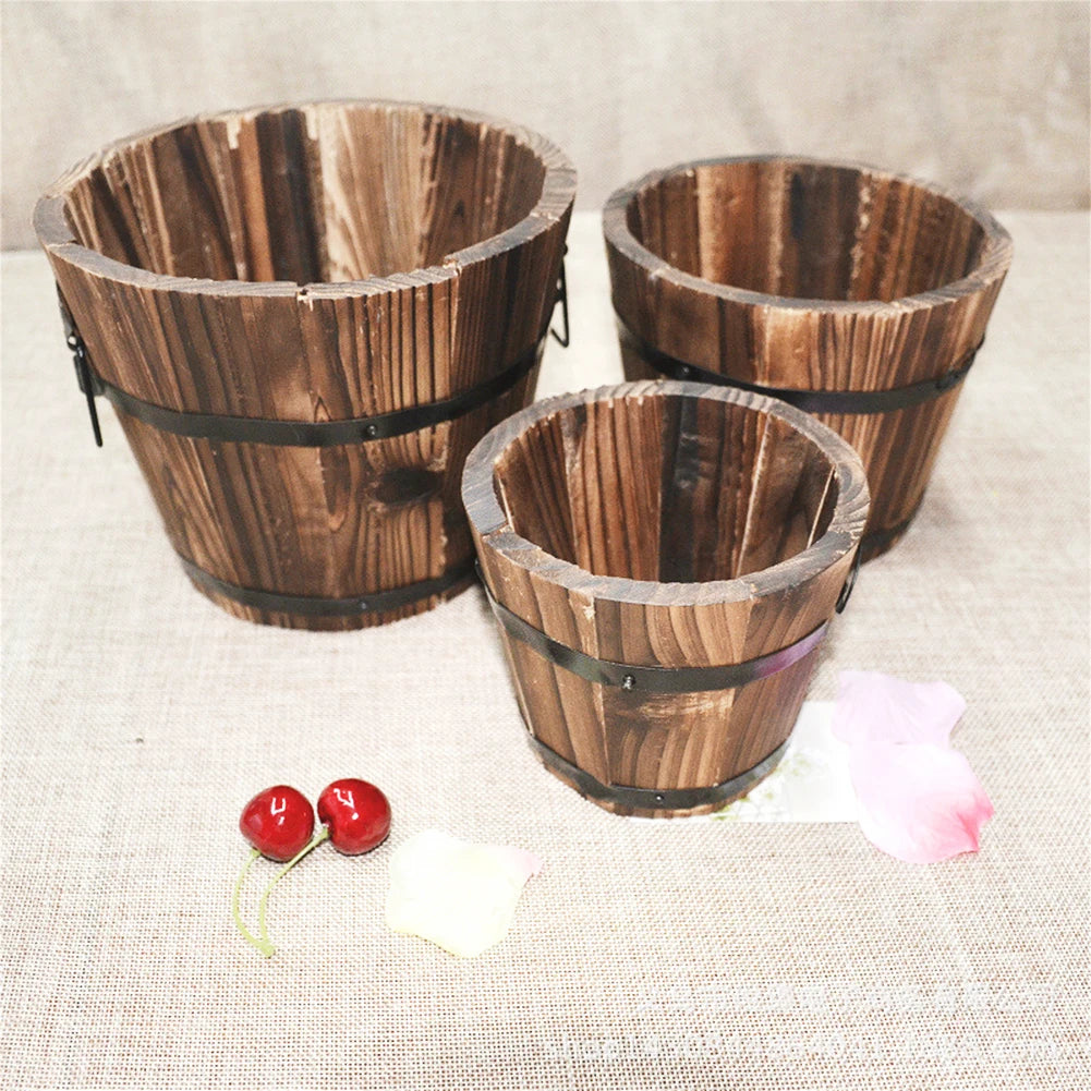 1Pc Rustic Succulent Planter Wooden Barrel Empty Flower Pot Container Durable S/M/L Flower Pot Garden Decor