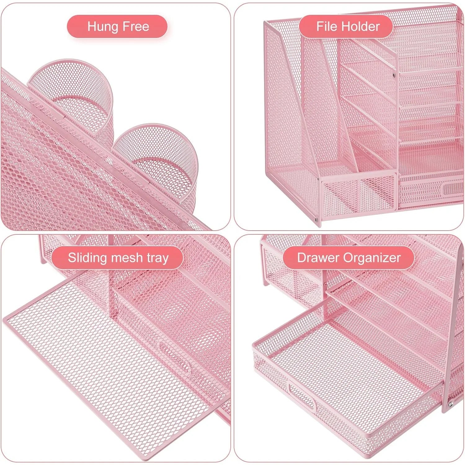 5-layer paper letter tray storage with drawers and 2 pen holders, desktop storage with office supplies magazine rack (pink)