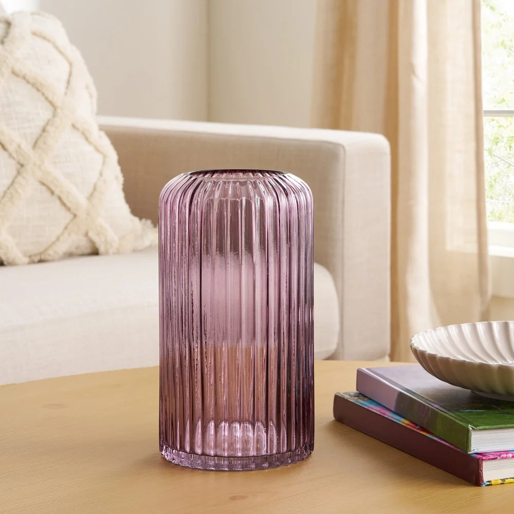 Pink Ribbed Glass Vase Decorative Tabletop Centerpiece Modern Ribbed Cylinder Flower Holder High Quality Glass Home Decor