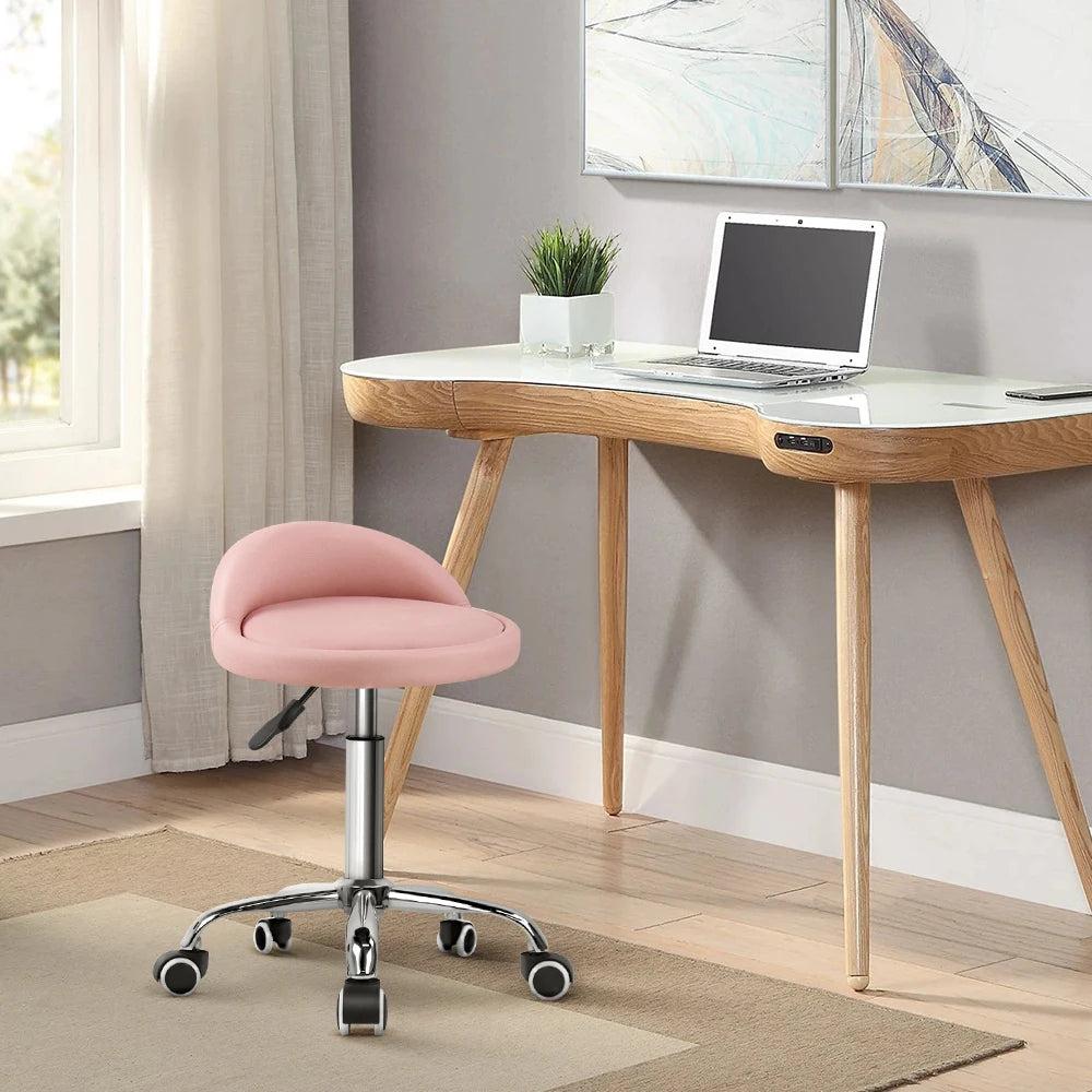 KKTONER PU Leather Round Rolling Stool with Back Rest Height Adjustable Swivel Drafting Work SPA Task Chair with Wheels