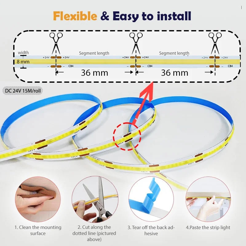 ETL Listed 50ft/15m COB LED Strip Lights 3000K/4000K/6500K White with RF Remote for Bedroom Cabinet Wall(Power supply included)