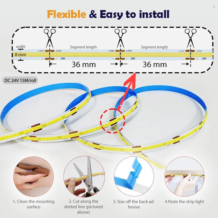 ETL Listed 50ft/15m COB LED Strip Lights 3000K/4000K/6500K White with RF Remote for Bedroom Cabinet Wall(Power supply included)