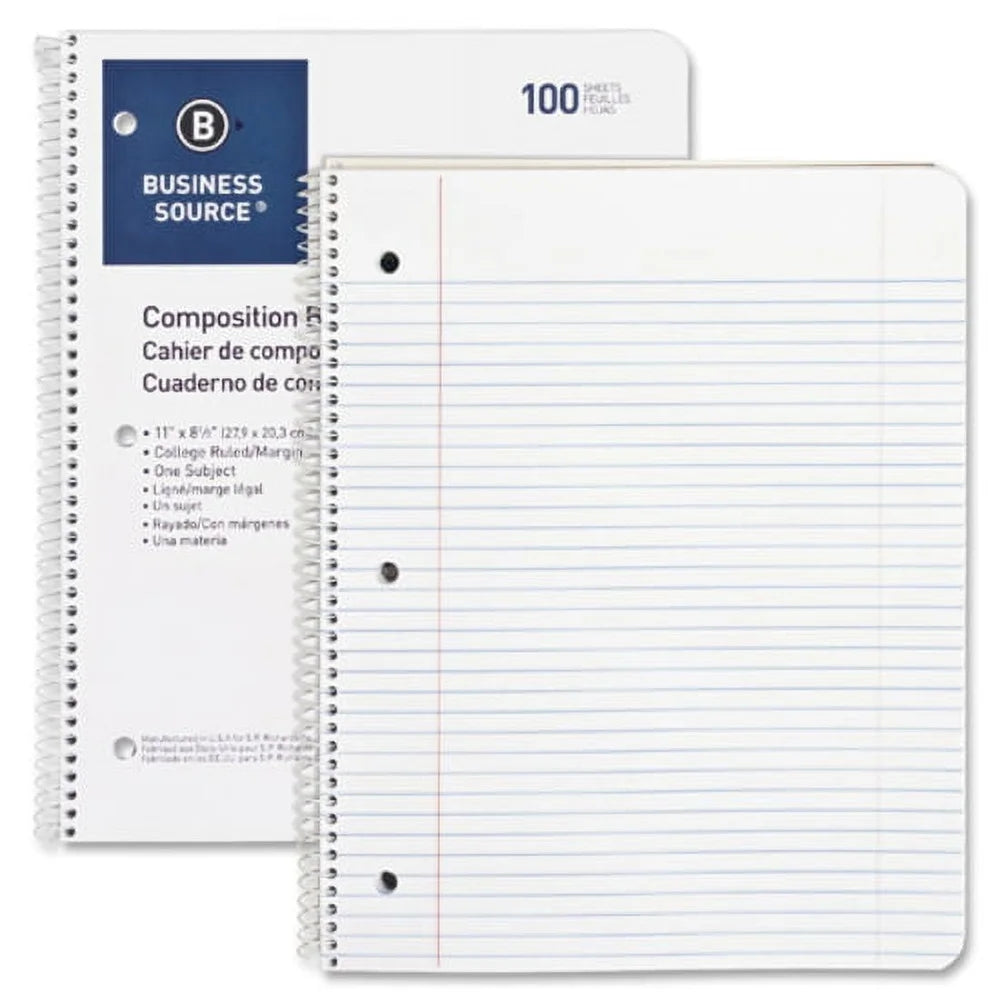 Wirebound College Ruled Notebook Single Subject Punched Stiff Cover 100 Sheets Letter Size Spiral Bound Durable Office School