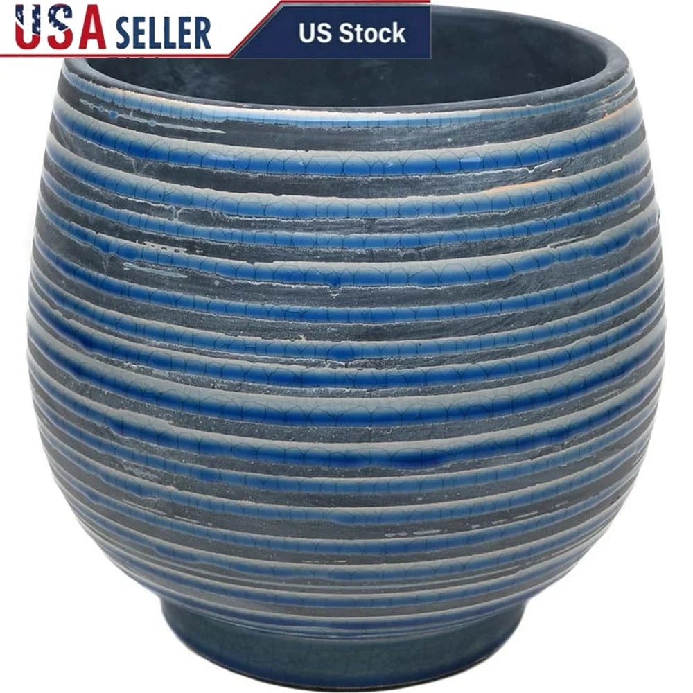 10 Inch Round Ceramic Planter with Drainage Holes Decorative Pot Indoor Outdoor Plants Blue and White Crackle Design