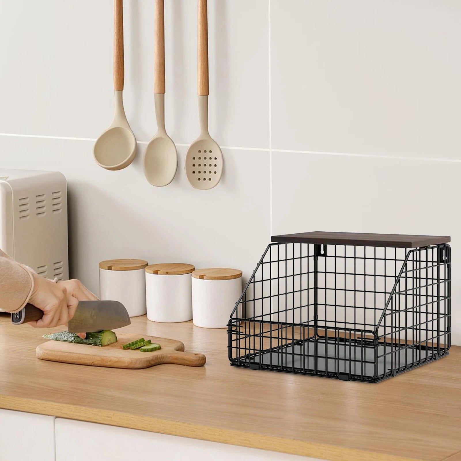 Wall-hanging kitchen Storage Rack, Thickened lron WoodStorage Rack, Vegetable and Fruit Storage Basket snack rackRotating Triple