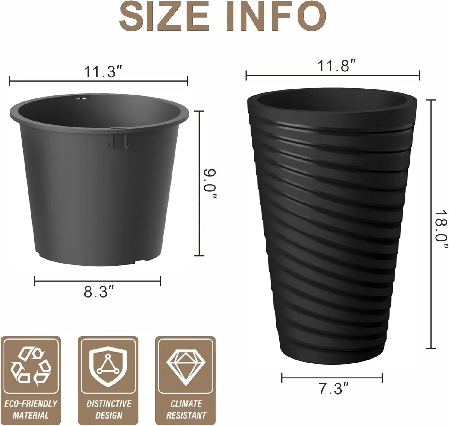 18 Inch Tall Planter Set of 2, Round Spiral Textured Flower Pots, Decorative Plant Pots for Outdoor Indoor Home Garden Patio