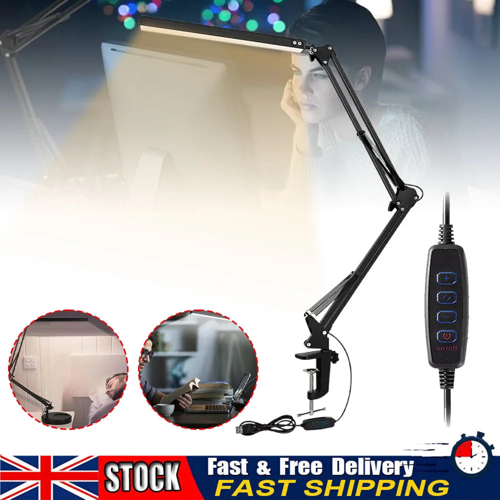 LED Desk Lamp Eye-Caring Adjustable Swing Arm Table Light with Clamp reading lights night light for Study Reading Work Task/Offi