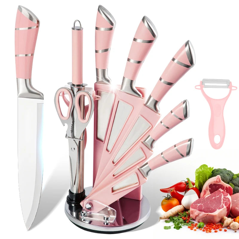 Kitchen Knife Set 9pcs Stainless Steel Sharp Non-Stick Coated Chef Knives with Sharpener for Cutting Slicing Dicing Chopping
