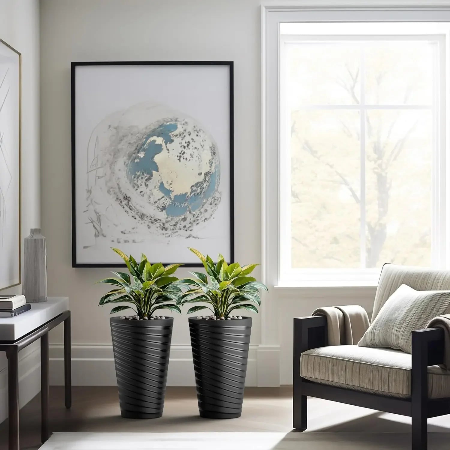 18 Inch Tall Planter Set of 2, Round Spiral Textured Flower Pots, Decorative Plant Pots for Outdoor Indoor Home Garden Patio