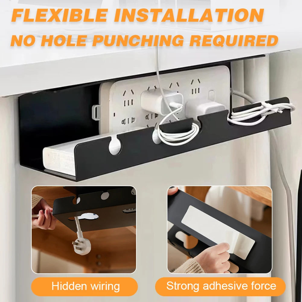 2Pcs Under Desk Cable Management Tray Self Adhesive Under Desk Cable Shelf No Punching Cable Storage Rack for Home Office