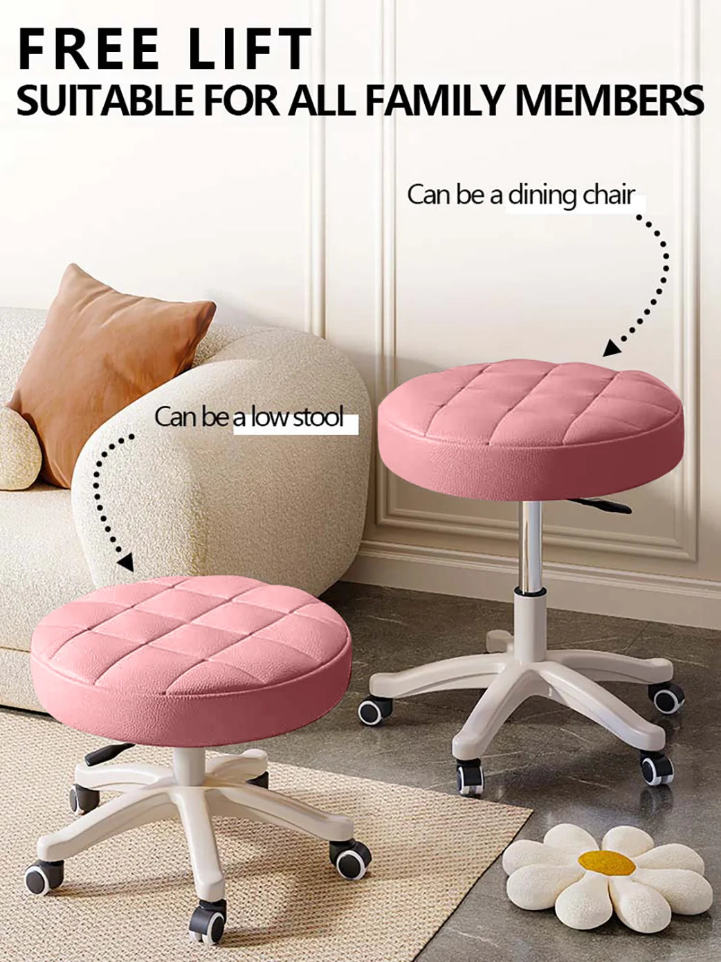 Small Chair Round Rolling Stool With Wheels PU Leather Height Adjustable Swivel Drafting Work SPA Salon Stools Home Office Chair