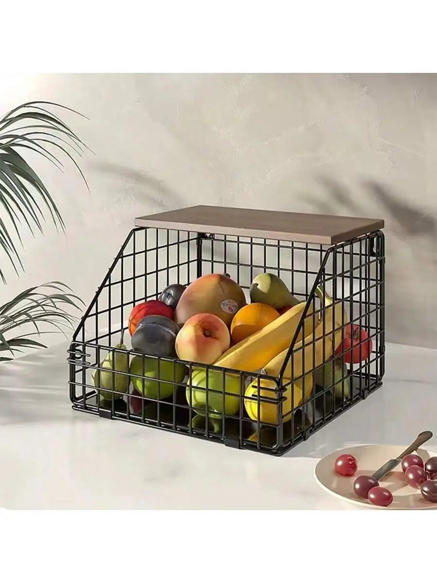 Wall-hanging kitchen Storage Rack, Thickened lron WoodStorage Rack, Vegetable and Fruit Storage Basket snack rackRotating Triple