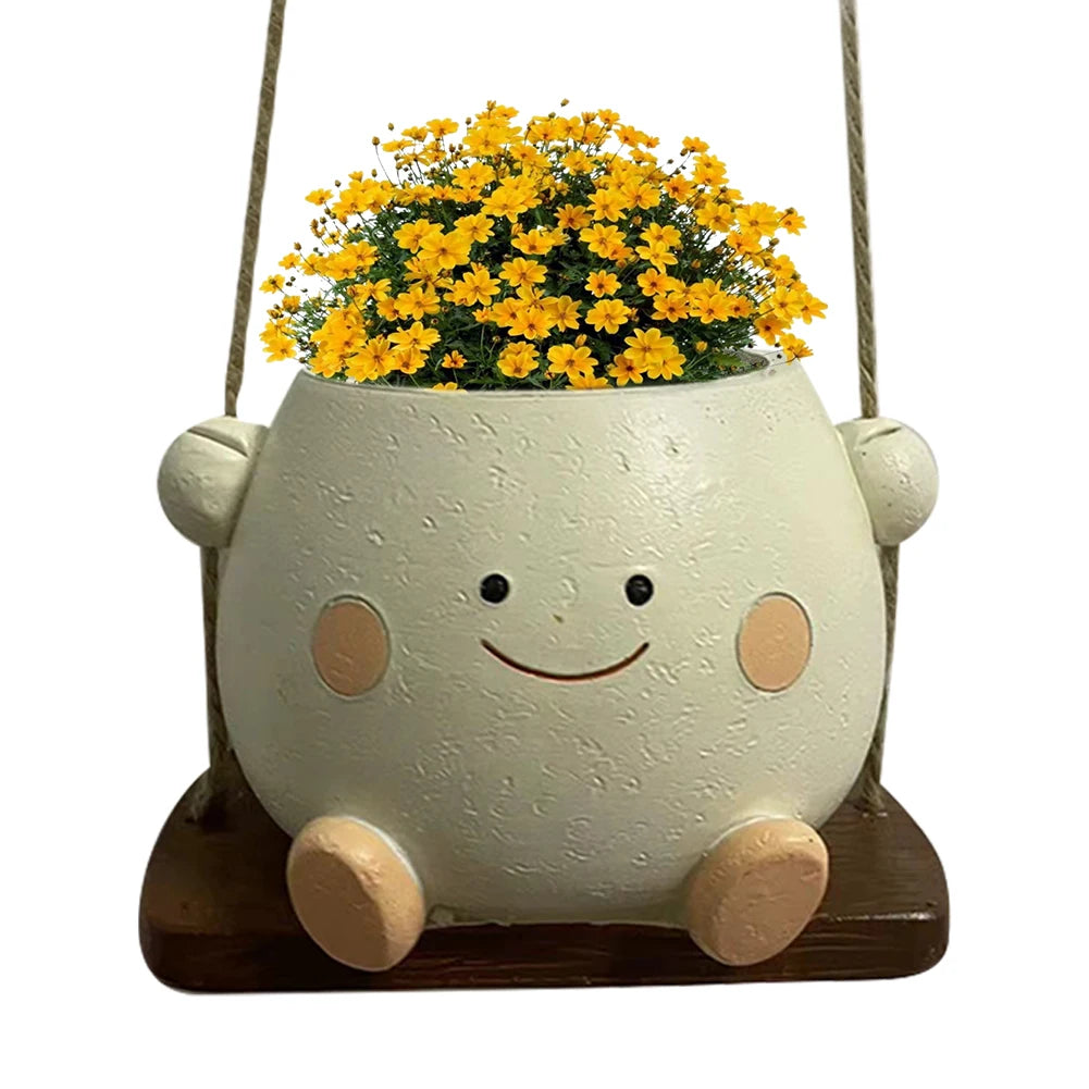 2Pcs Swing Smile Face Planter Resin Cute Plant Succulent Pots Creative Hanging Swing Chair Planter for Indoor Outdoor Plant