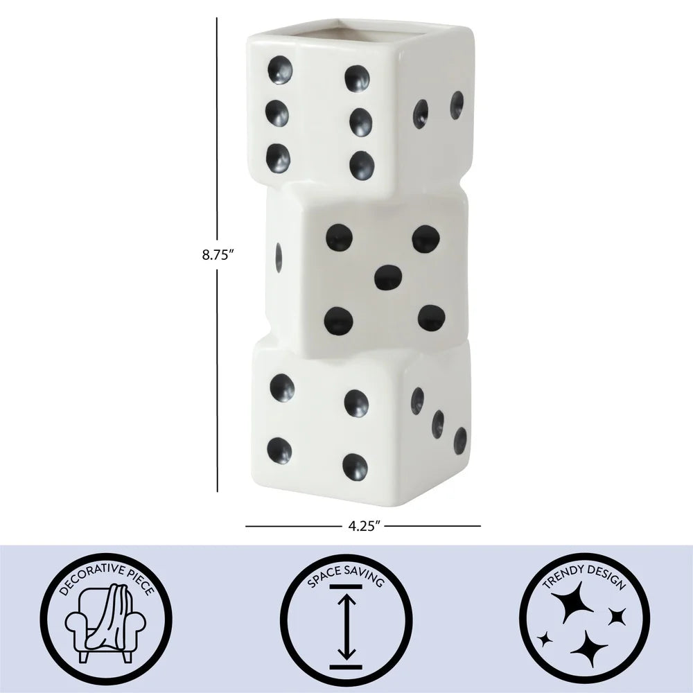 Unique Ceramic Dice Vase Decorative Accent Desk Shelf Indoor Display Fun Home Decor 8.75 Inches Height