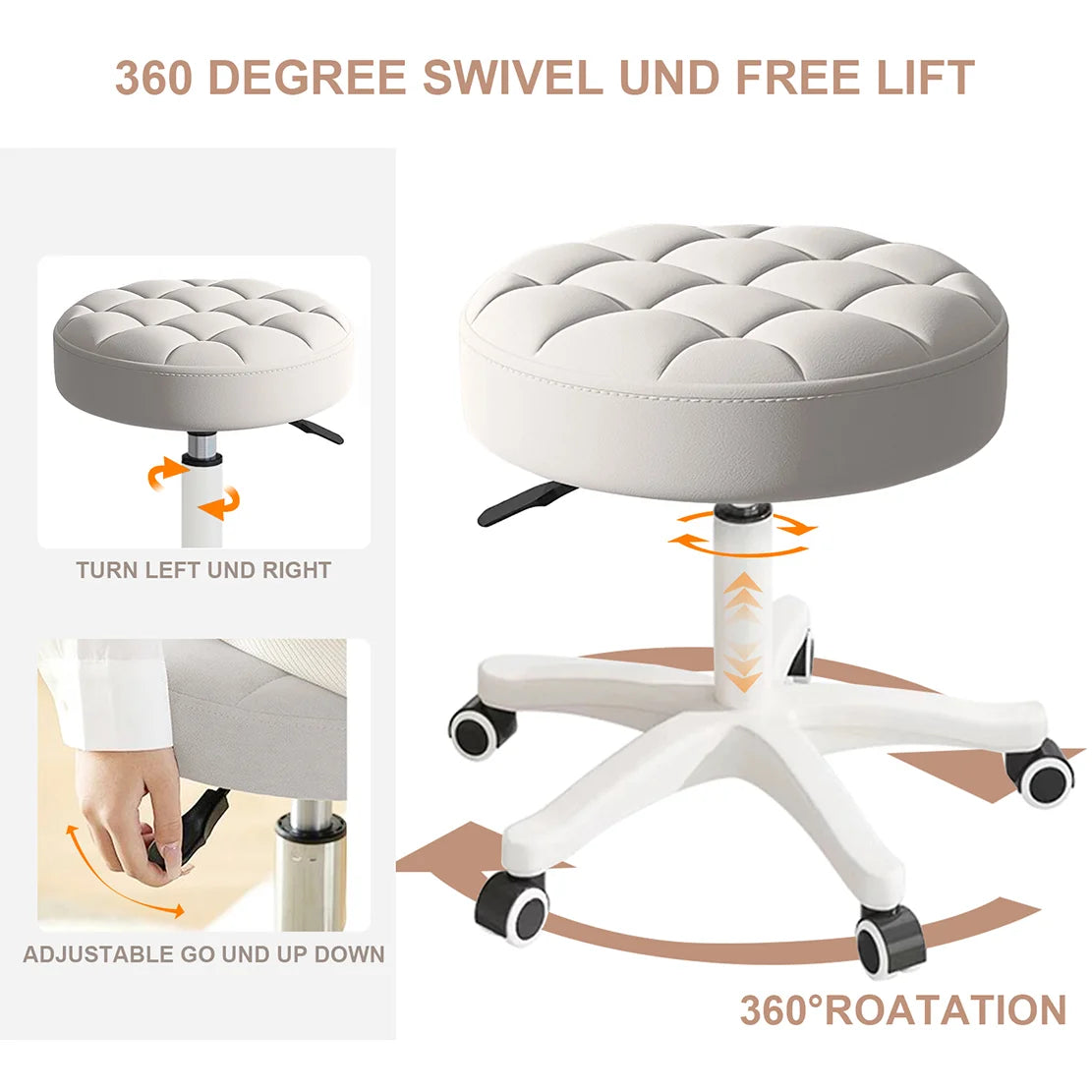 Small Chair Round Rolling Stool With Wheels PU Leather Height Adjustable Swivel Drafting Work SPA Salon Stools Home Office Chair