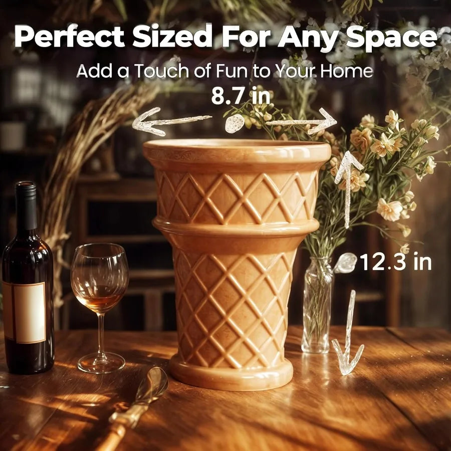 Fun and Unique Giant Ice Cream Cone Planter and Vase Quirky Large Ceramic 12 Tall Indoor Outdoor Vase for Plant Lovers Perfect