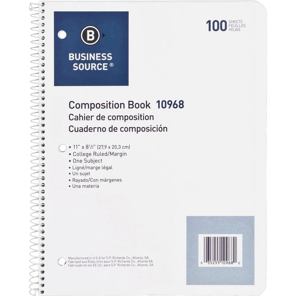 Wirebound College Ruled Notebook Single Subject Punched Stiff Cover 100 Sheets Letter Size Spiral Bound Durable Office School
