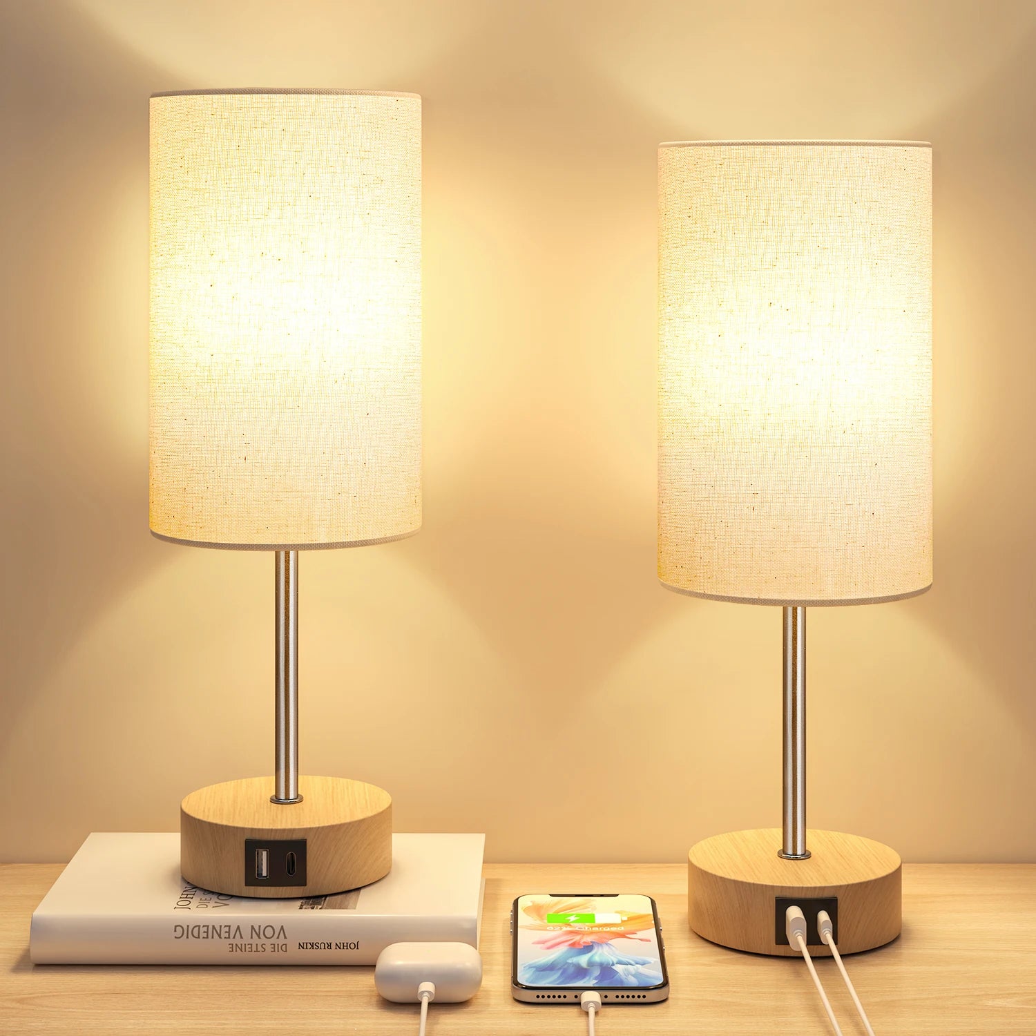 2 Pack 14 Inch Small Table Lamp for Bedroom, 3 Way Dimmable, Touch Control, Dual Charging Ports, 3000K Soft Warm (2 LED Bulb)