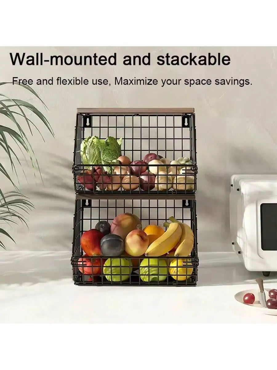 Wall-hanging kitchen Storage Rack, Thickened lron WoodStorage Rack, Vegetable and Fruit Storage Basket snack rackRotating Triple