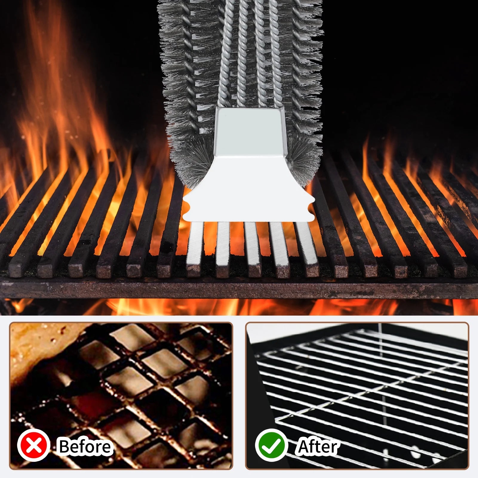 Stainless Steel Grill Brush with Scraper, 19 in Grill Brush for Outdoor Grill, BBQ Brush for Grill Cleaning, Kitchen Accessories