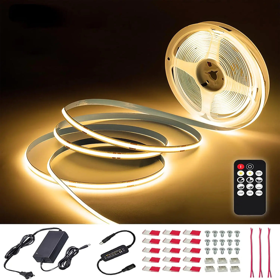 ETL Listed 50ft/15m COB LED Strip Lights 3000K/4000K/6500K White with RF Remote for Bedroom Cabinet Wall(Power supply included)
