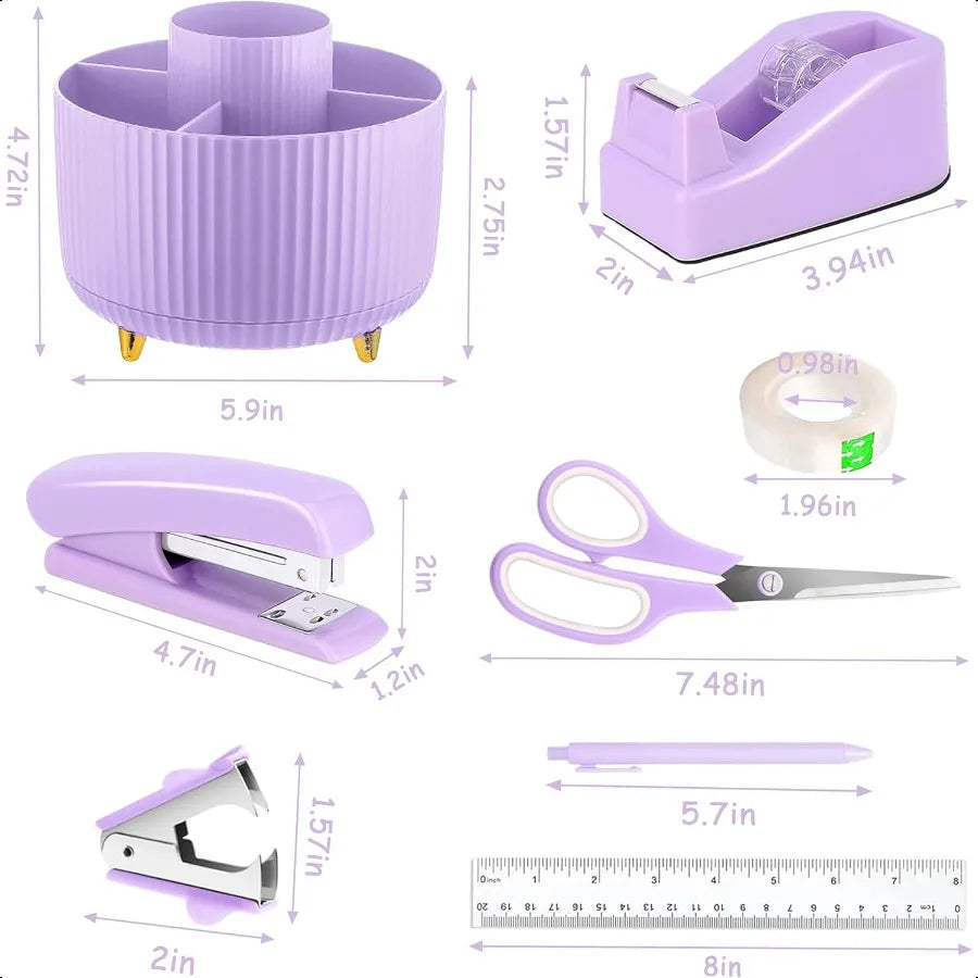 Purple Desk Accessories Purple Office Supplies 360°Pen Holder Desk Organizers And Accessories with Tape Dispenser Stapler Stapl