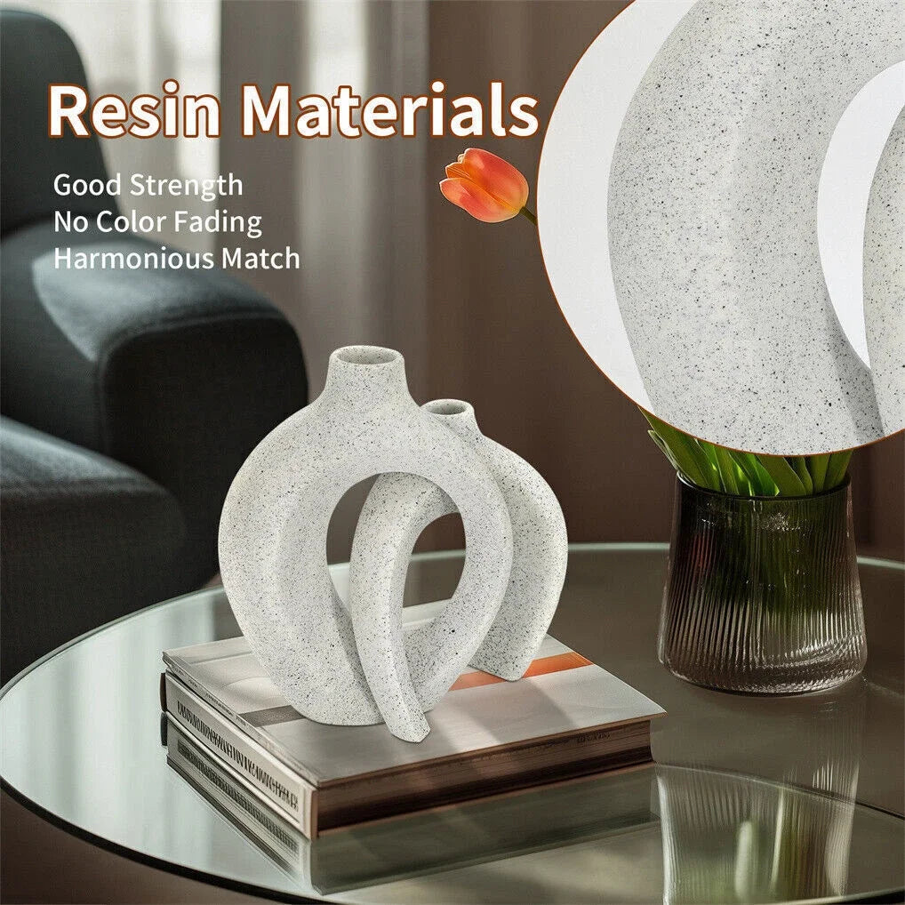 Set of 2 Artistic Decorative Vase White Reisn Hollow Snuggle Donut Flower Vases for Table Bouquet Centerpieces Displaying