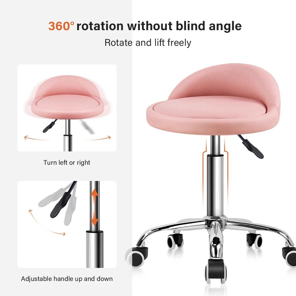 KKTONER PU Leather Round Rolling Stool with Back Rest Height Adjustable Swivel Drafting Work SPA Task Chair with Wheels