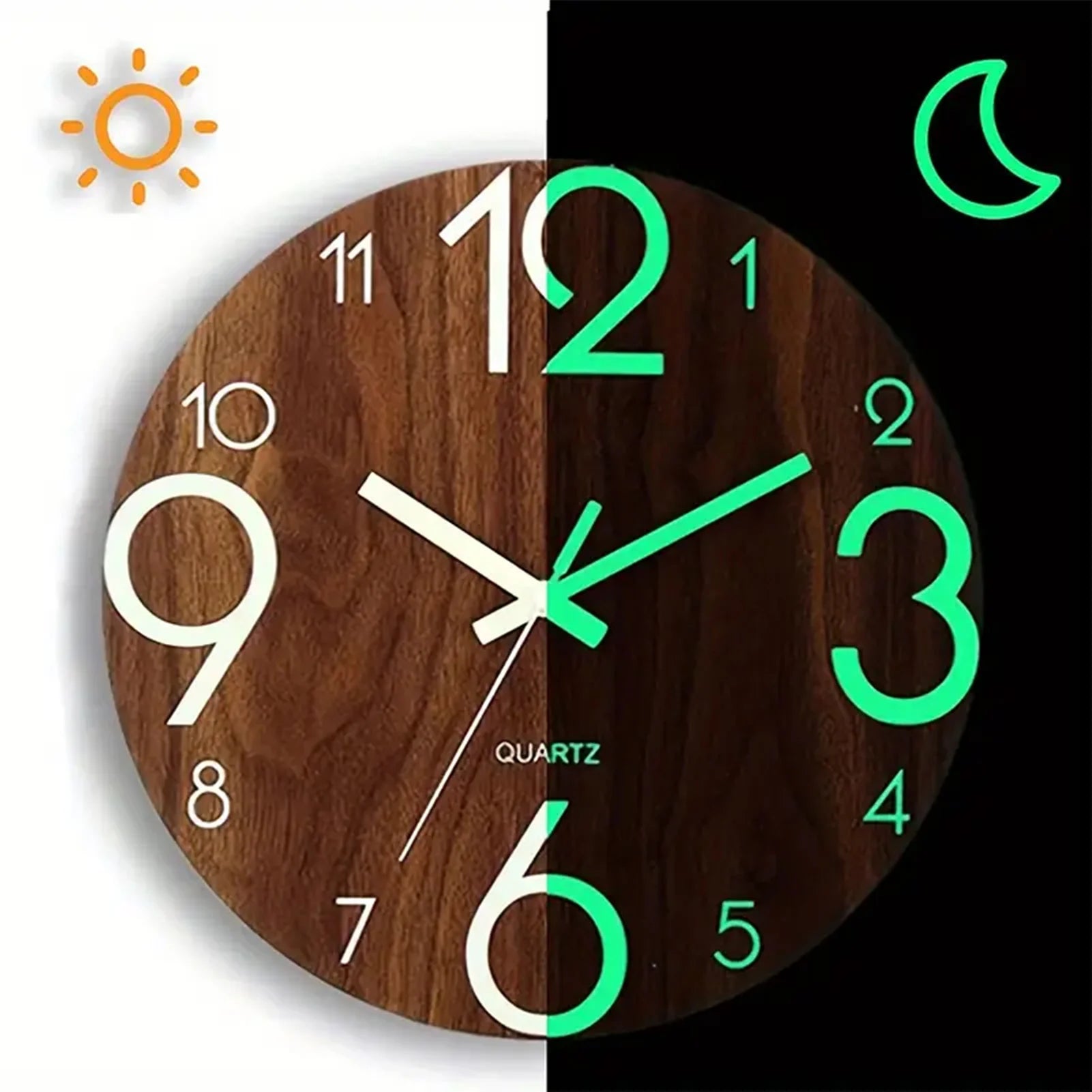 12 Inch Wooden Simple Luminous Wall Clock Silent Non Ticking Analog Clock Wall Decoration for Living Room Bedroom Office Decor