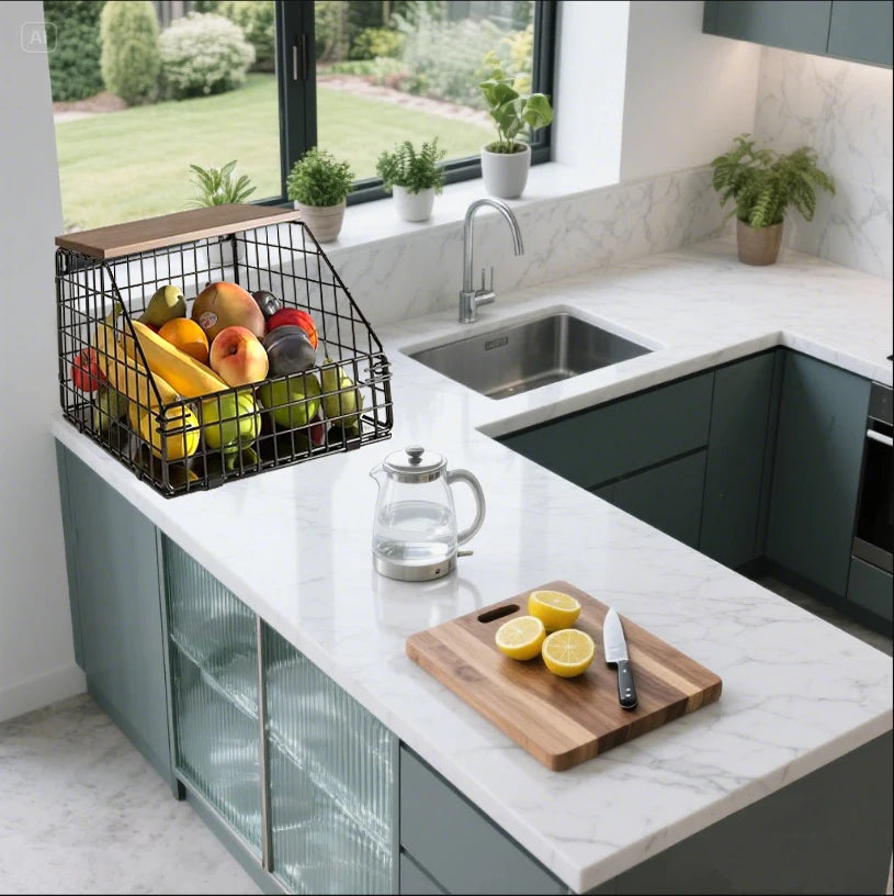 Wall-hanging kitchen Storage Rack, Thickened lron WoodStorage Rack, Vegetable and Fruit Storage Basket snack rackRotating Triple