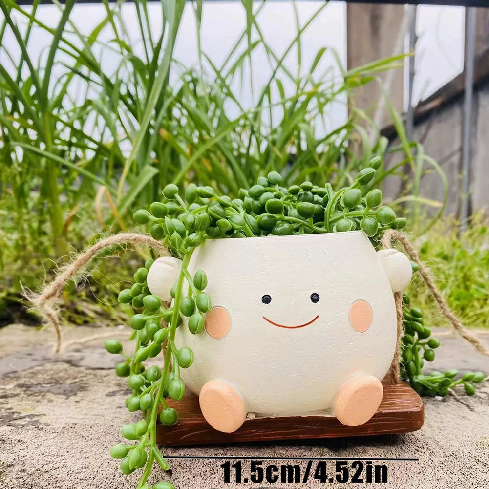 2Pcs Swing Smile Face Planter Resin Cute Plant Succulent Pots Creative Hanging Swing Chair Planter for Indoor Outdoor Plant